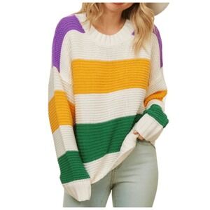 New SWEET GENERIS Mardi Gras Sweater WHITE GREEN PURPLE YELLOW Wide Stripes 3X